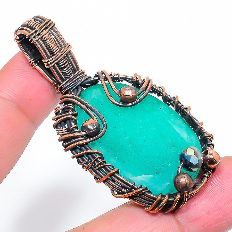 Emerald Natural Gemstone Handmade Copper Wire Wrap Pendant 2.44" s7Y03