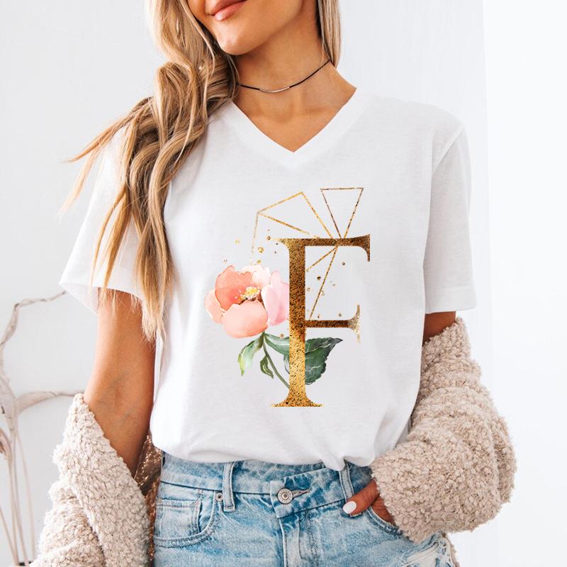 Pink Flower Letters Az Print Tshirt 26 Alphabet Unisexs Vneck Tshirt Flower Letter A B C D Short Sleeve Female Tees Tops