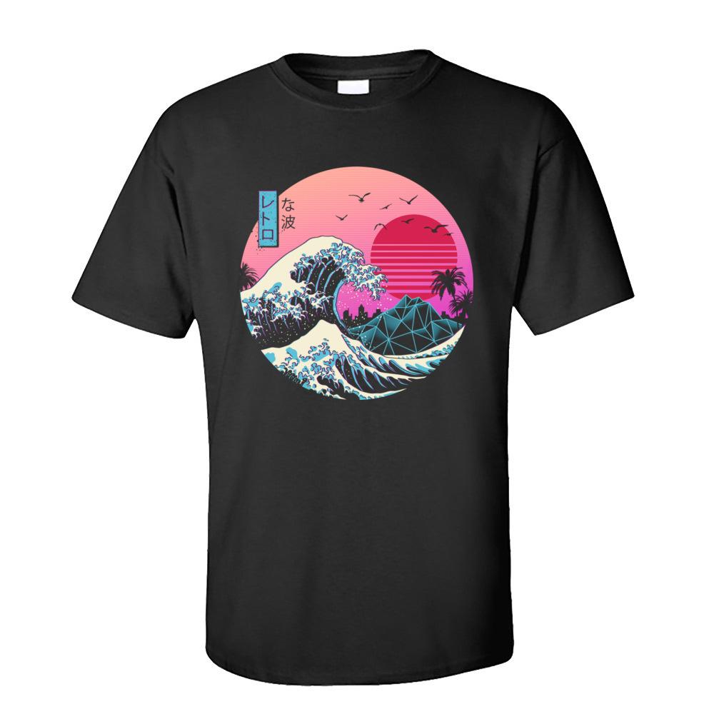 Vaporwave Графическая футболка Мужская Базовые футболки Круглый вырез Короткий рукав Хлопок Великая Ретро Волна Топы Футболка 80-е Футболки Япония