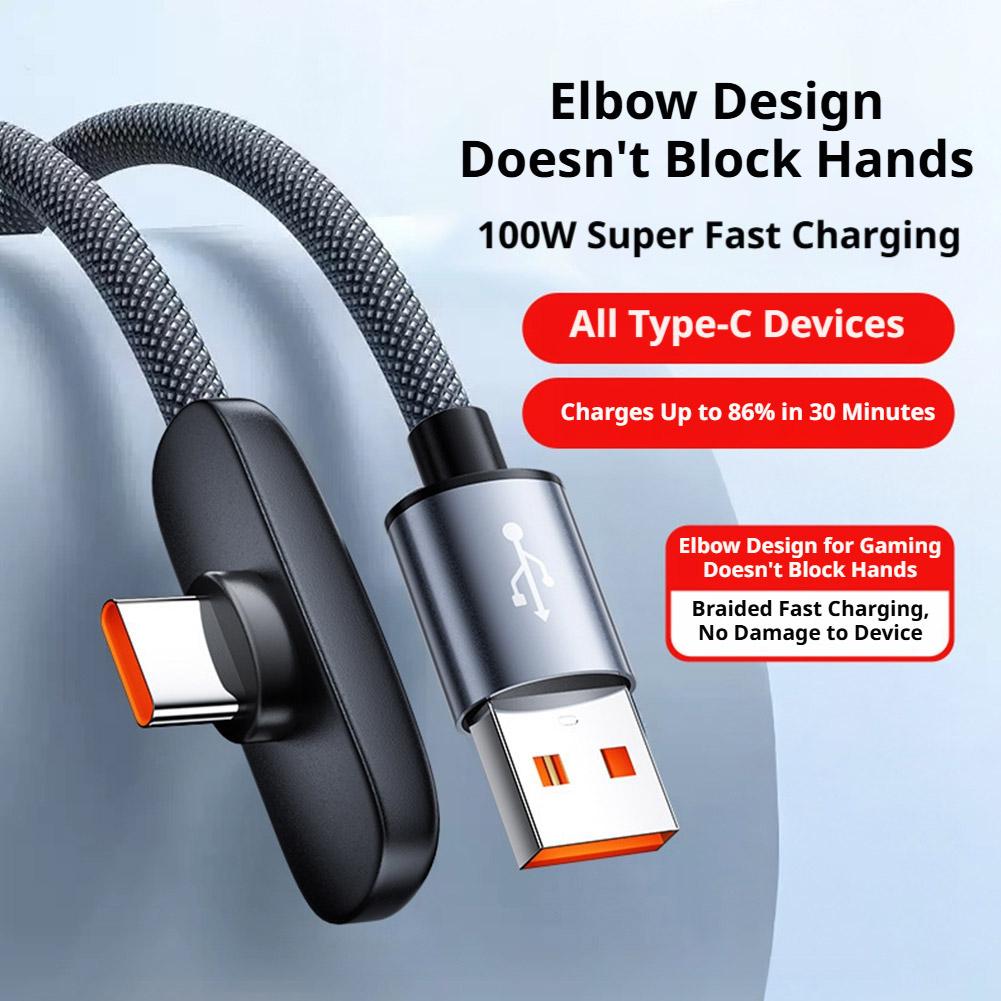 Кабель для быстрой зарядки 100 Вт Прямой угол 90 градусов USB Type-C Кабель для передачи данных Мобильный телефон Быстрая зарядка Кабель для передачи данных для Samsung MI
