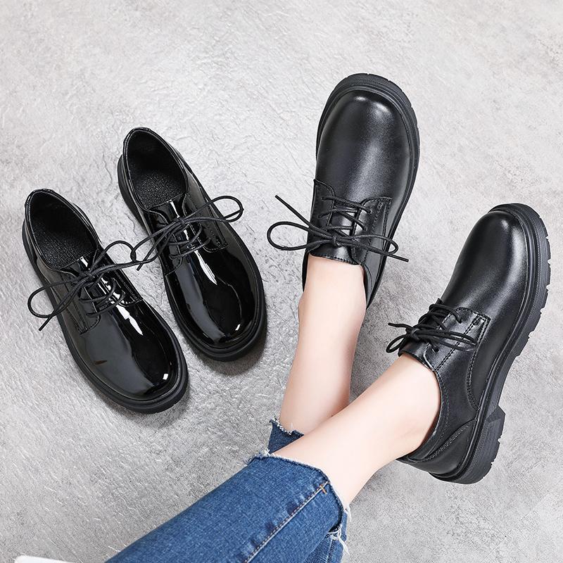 Spring British Style Student Girl Leather Shoes Full Black Office Business Lace Up Women Oxford