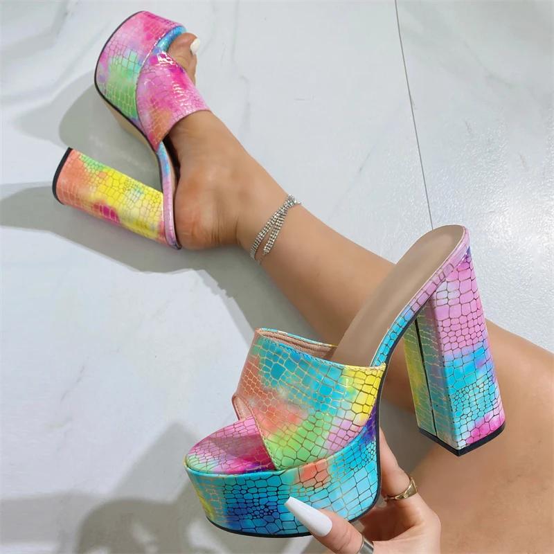 Eilyken Камуфляжные Массивные Платформы Супер Высокие Каблуки Женские Шлепанцы Открытый Носок Банкетные Слайды Летняя Обувь