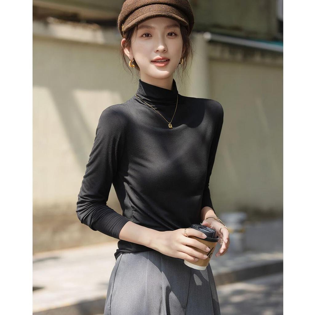Dme Warm Ginger Fleece Autumn New Slim Fit Thin Half Turtleneck Long Sleeve Women's Base Shirt