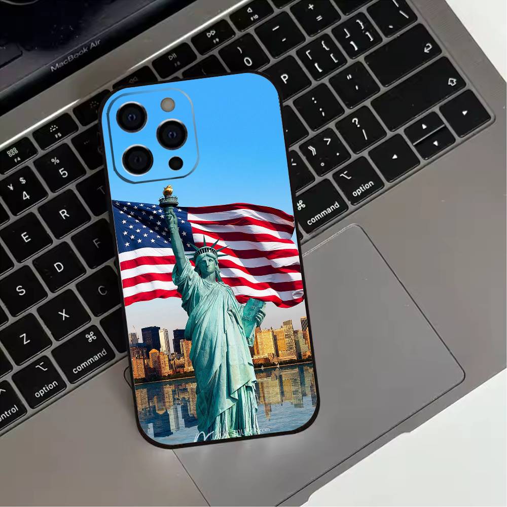 Америка США Флаг Статуя Свободы Чехол для телефона Для iPhone 17,16,15,14,13,12,11 Plus,Pro Max,XS,Мягкий силиконовый Черный чехол