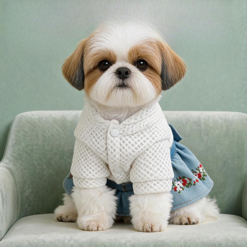 Pet Autumn/Winter Embroidered Cowboy Dress Small Dog Bow Flower Coat Puppy Clothes Dog Dresses for Small Dogs