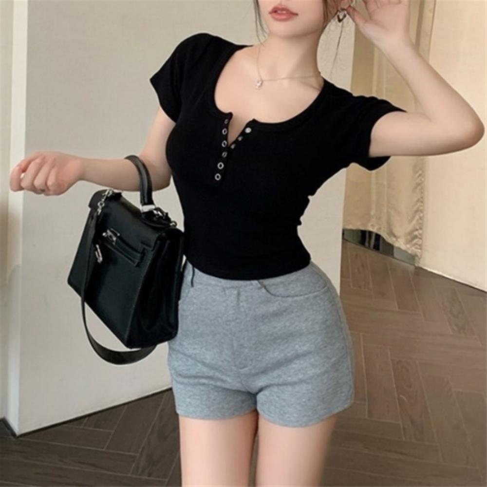 New Arrivals Open Run Women Slim FiT Ribbed ShorT Sleeve T shirT Solid Color