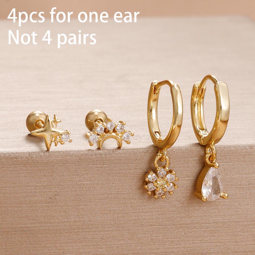 4PCS Fashion Star Moon Stainless Steel Zircon Stud Earrings Set For Women 114K Gold Plated Earring Classic Huggie Daily Jewelry