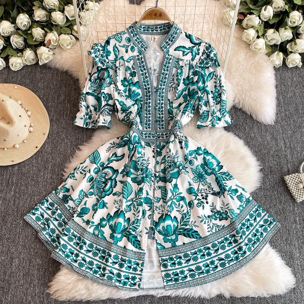 Летнее женское дизайнерское винтажное платье с принтом, элегантное однобортное вечернее платье с v-образным вырезом