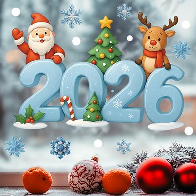 Рождественские наклейки на окна 2026 Санта Клаус Снежинка Олень Узор Стеклянные Рождественские наклейки