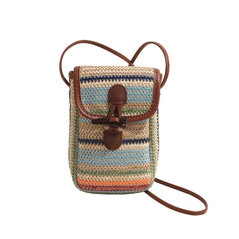 Seaside Holiday Woven Mobile Phone Bag Horn Button Crossbody Shoulder Bag Western Style Mobile Phone Bag