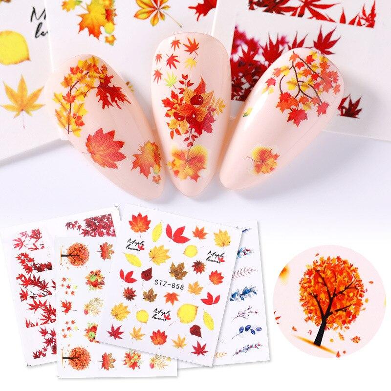 1PC 6.1*5.3cm Watermark Fall Leaves Nail Decals Autumn Yellow Maple Leaf Nail Art Stickers DIY Manicure Slider Decorations