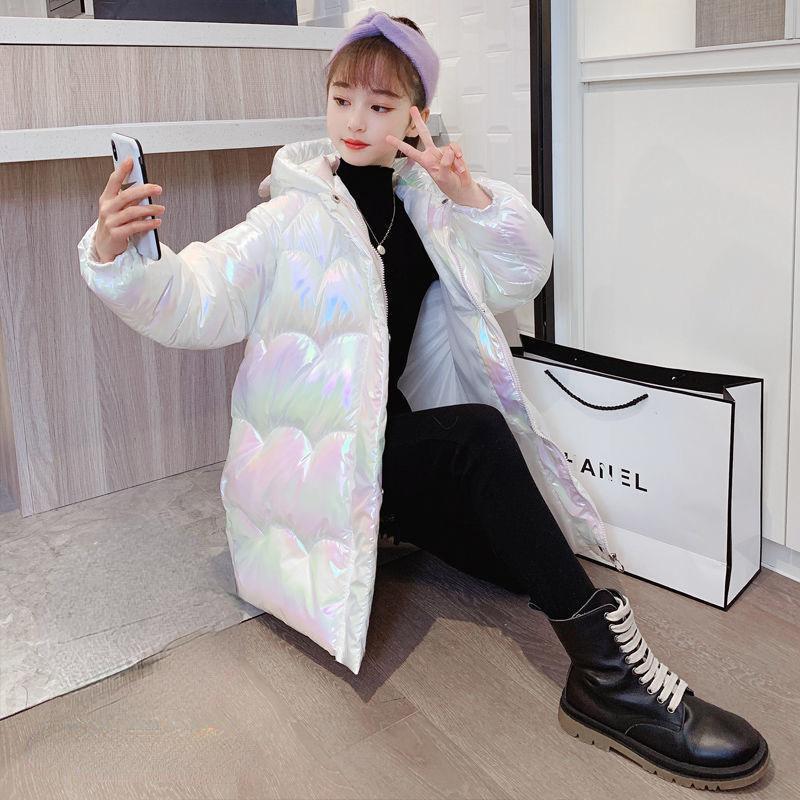 Глянцевый длинный пуховик для девочек, модная куртка с хлопковой подкладкой в ​​корейском стиле с крыльями