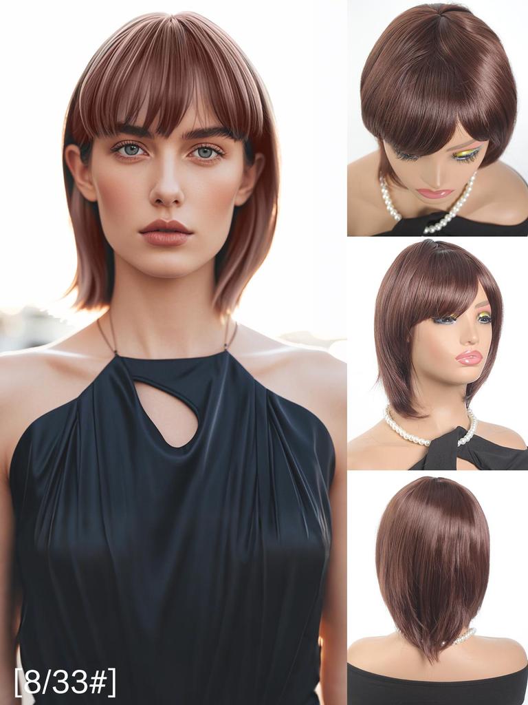 Короткие прямые парики боб для женщин, черные, коричневые, красные, синтетические, натуральные волосы, парик с челкой, термостойкие, для повседневного использования, для косплея