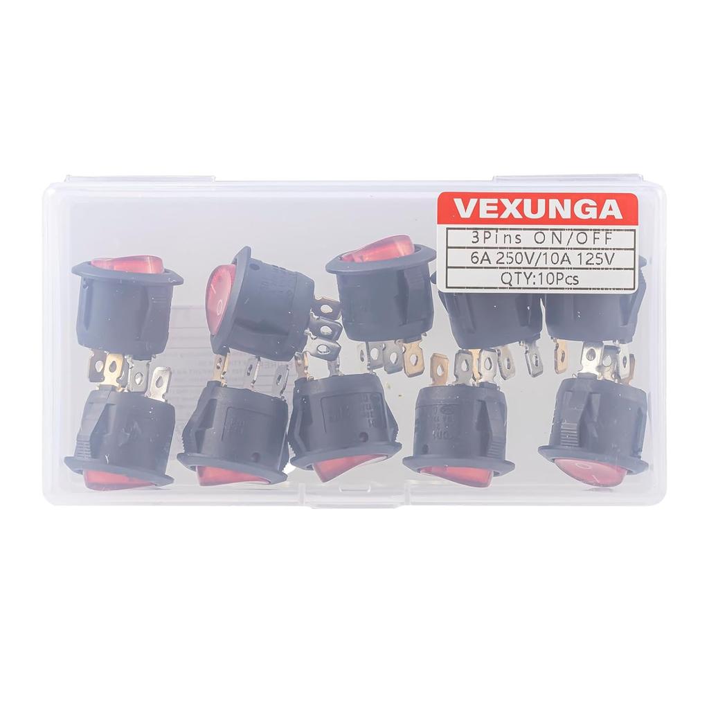 Round Rocker Switch Red Light Illuminated On Off 3 Pin 2 Position Mini Rocker Switch 125V 10A 250V 6A KCD1 Small Circle Toggle Switches For RV Car