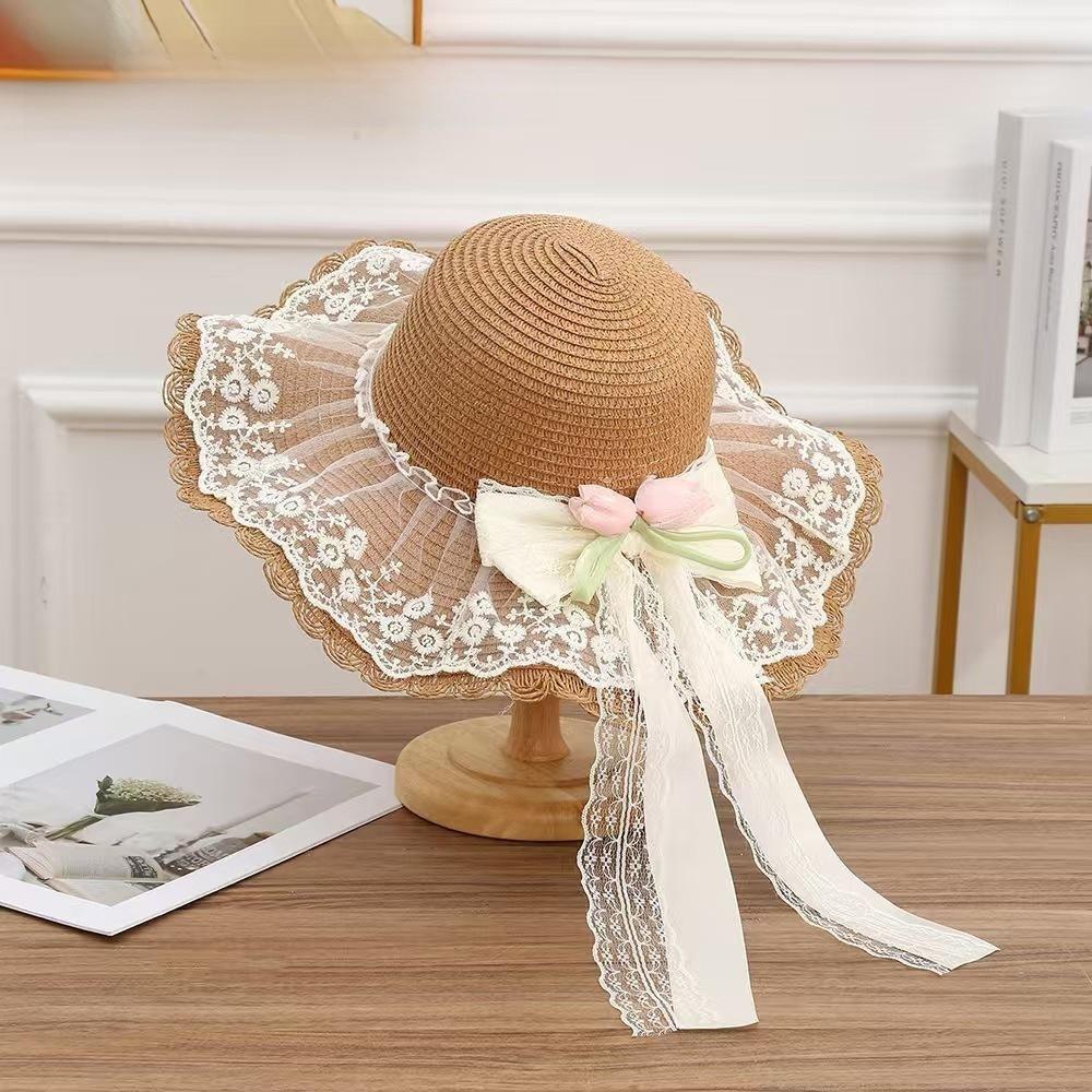 Summer Straw Hat With Lace Bow And Wide Brim For Sun Protection And Beach Vacation