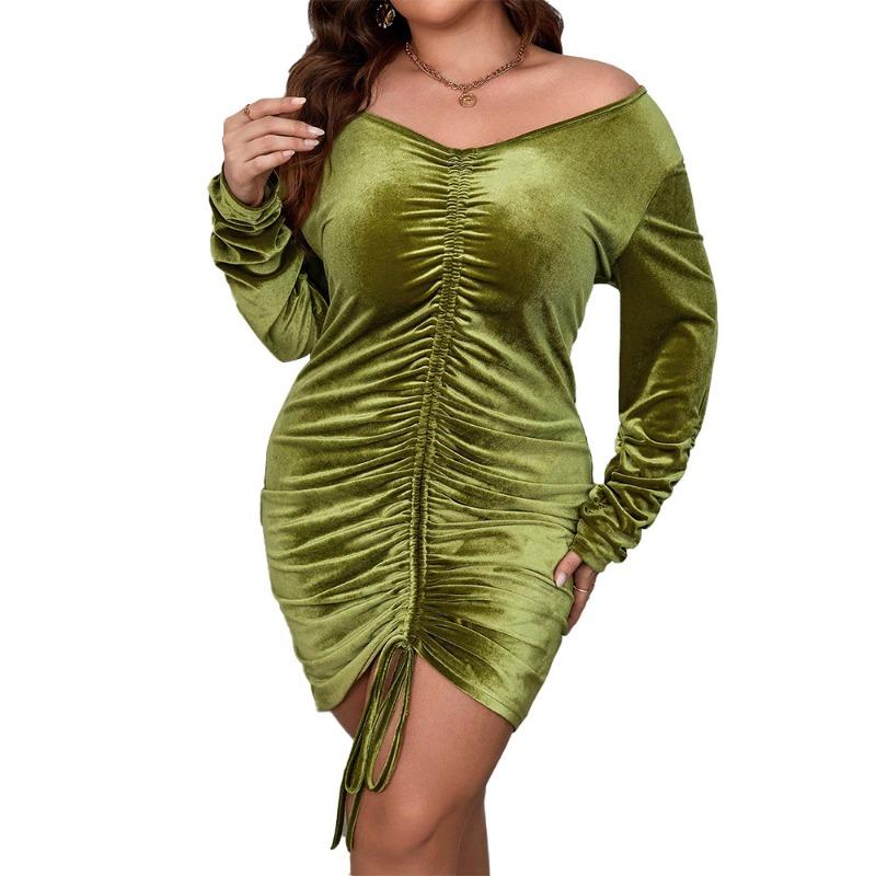 Осенне-зимнее женское платье с v-образным вырезом и длинным рукавом, с запахом бедра, темпераментное модное сексуальное вечернее бархатное платье размера плюс, тонкое платье, дизайн на шнурке