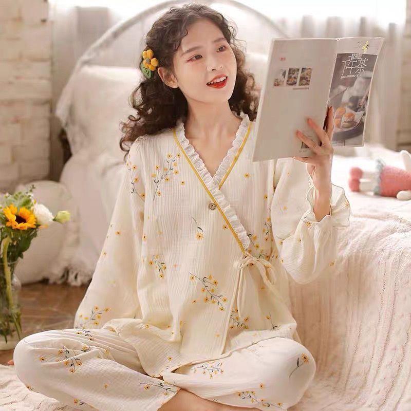 Японская милая принцесса вышитая домашняя одежда женская пижама с длинным рукавом весна осень чистый хлопковый марлевый тонкий домашний комплект