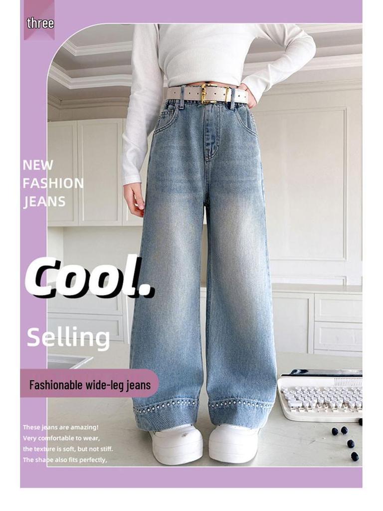 Spring 2025 Girls' Stylish Wide Leg Jeans - Korean Fashion, Straight Leg Fit for Kids