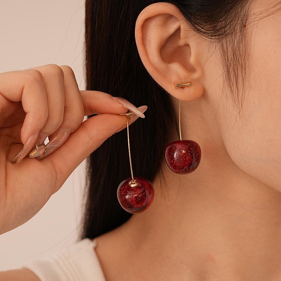 Ankola Red Resin Smudge Cherry Silver Needle Earrings Fashion Sweet Fruit‑Shaped High‑End Temperament Trend Jewelry