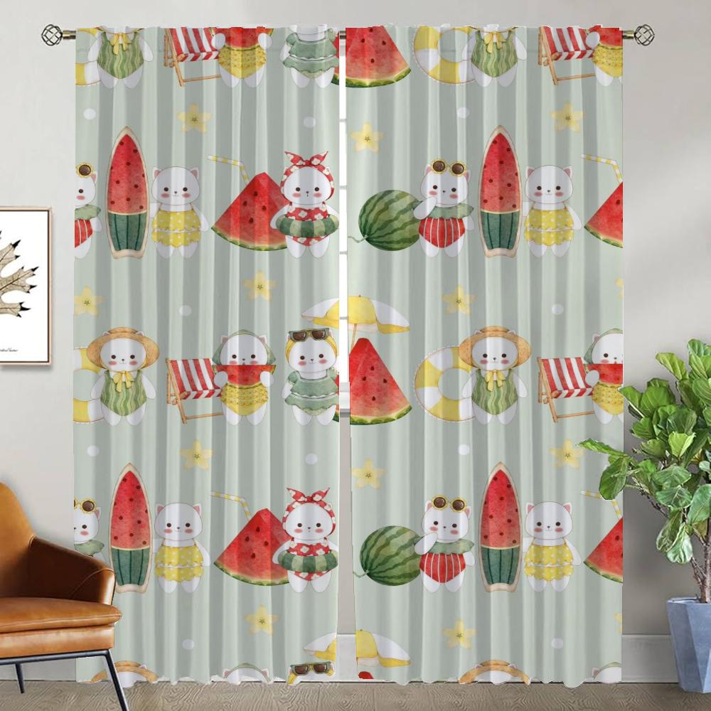 Watermelon Kitty Blackout Curtains for Living Room Partition Shades Home Interior Curtains 2 Pieces Window Curtain Kitchen Child