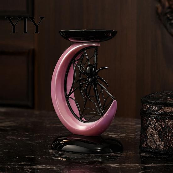 Cool Girly Room Decor Halloween Pink Moon Spider Candle Holder, Sweet Dark Aesthetic Tray for Table Pillar Candles, Gothic Resin Tabletop Home Window
