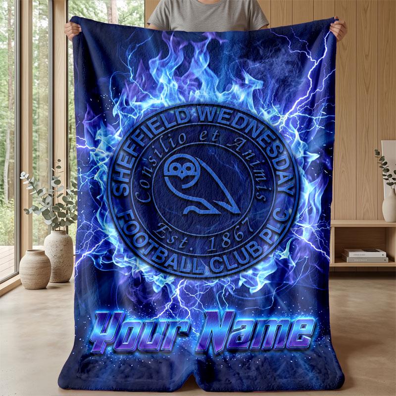 Sheffield Wednesday FC Custom Name Text Flannel Blanket Soccer Logo Personalized Fleece Throw Blanket Special Gift For Sofa Bedroom Home