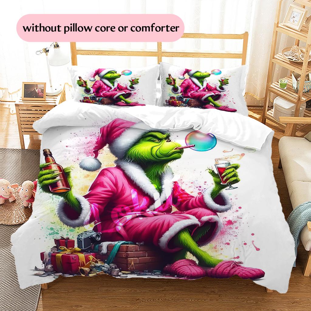 1PC Grinch pattern Bedding Quilt Set Quilt Cover Pillowcase Home Decoration Birthday Gift (1 * duvet cover + 2 * pillowcase, without core)