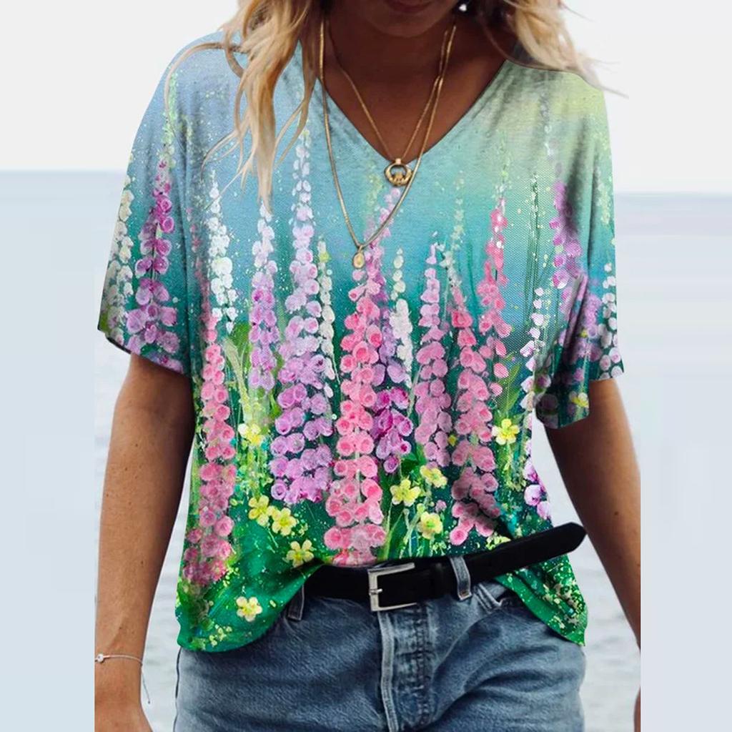 Women Plant Flowers Print T Shirt Summer 2021 New Fashion Casual Street Tops Loose Short Sleeve V-Neck Female Tee Tops