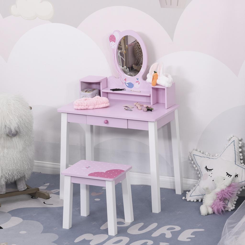 Kids Wooden Dressing Table And Stool Make Up Desk Pink