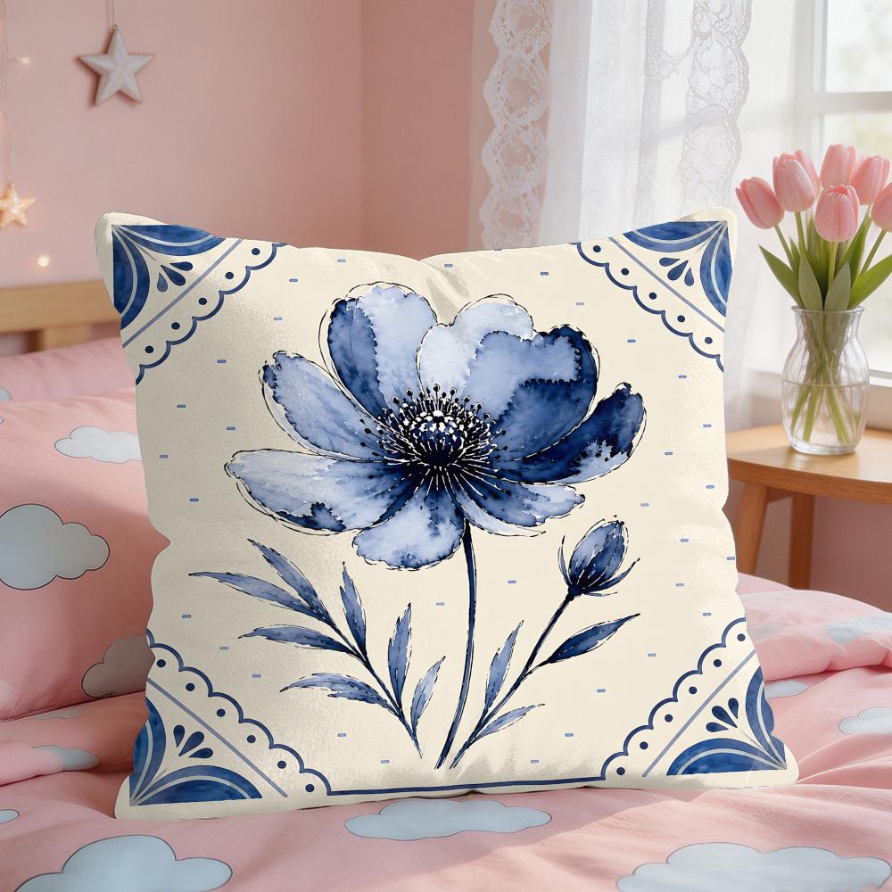 Modern Simple Watercolor Flower Blue Leaf Cushion Cover Short Plush Pillow Case Room Sofa Cushion Covers Home Decor Funda