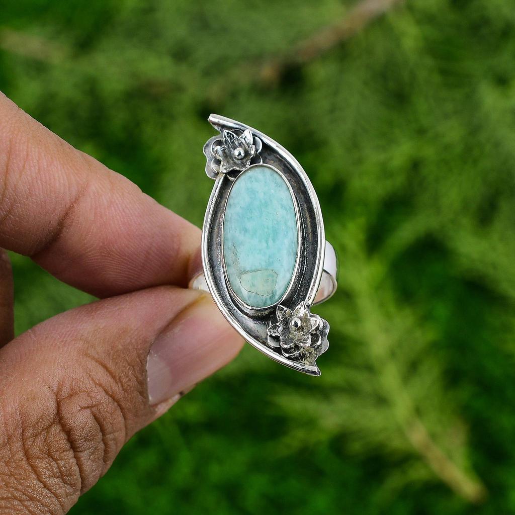 Натуральный Амазонит Драгоценный Камень 925 Серебро Солитер Цветок Регулируемое Кольцо для Девочек