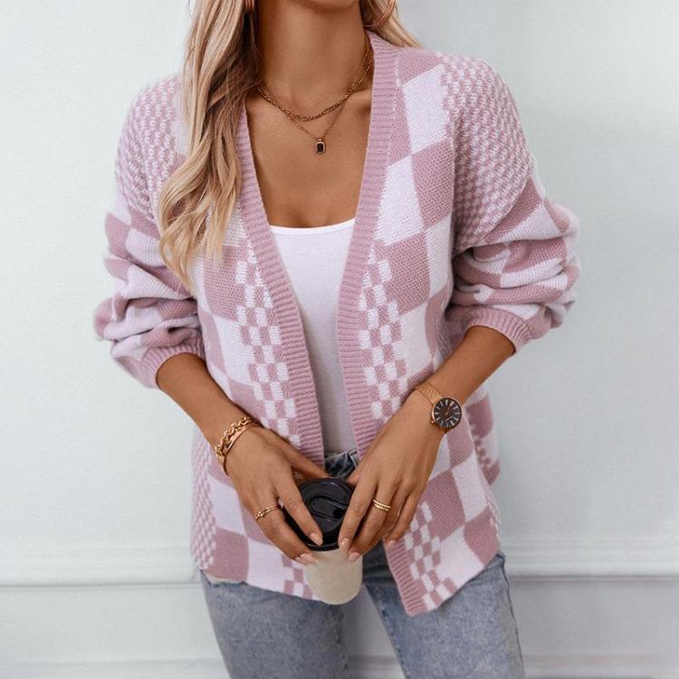 Vintage Print V Neck Loose Knitwear Cardigan Long Sleeve Sweater Top for Autumn Winter