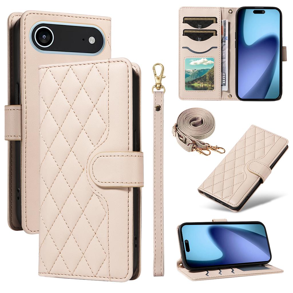 For iPhone 17 Air Wallet Case Rhombus Leather Phone Cover with Strap