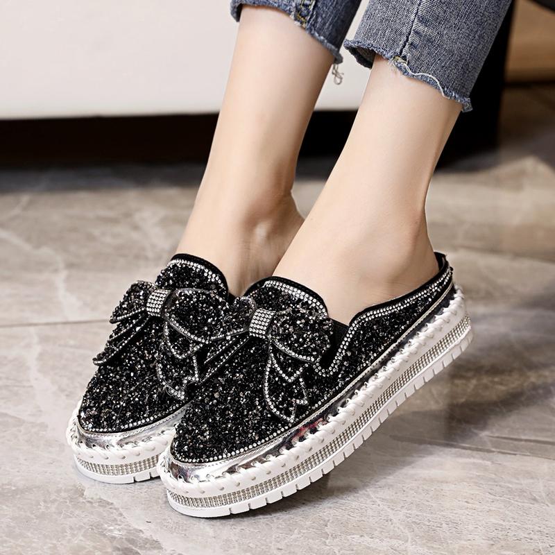 Fashion Baotou Slippers Women's New Autumn Round Head Sequin Deep Mouth Thick Sole Slip-on Lazy Shoes