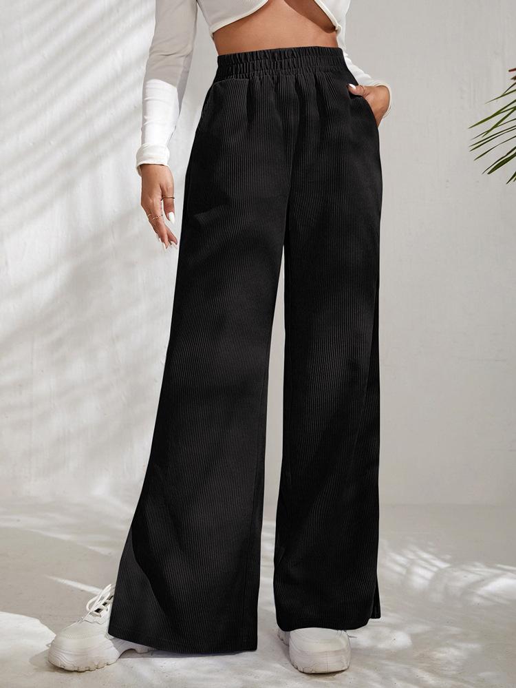 And Womens Autumn Winter New High Waist Casual Pants Solid Corduroy Splice Slit Bottom Pants Women
