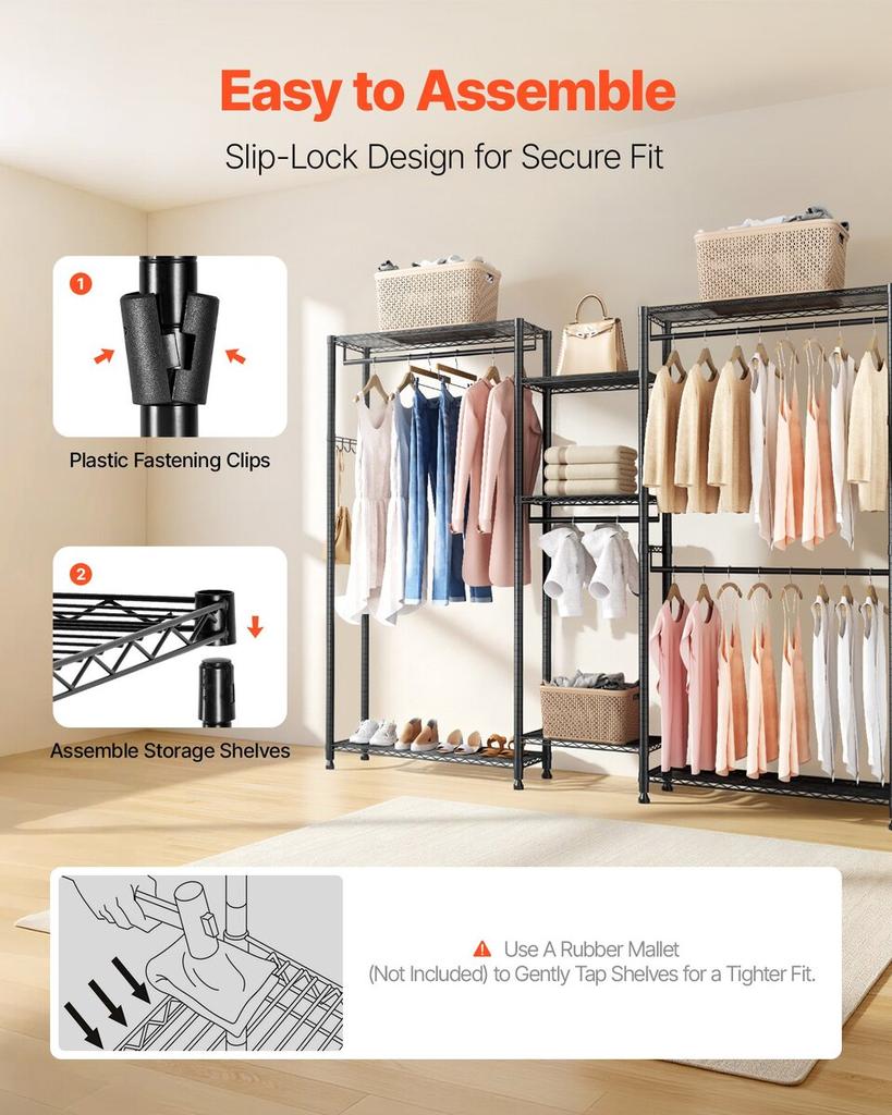 Clothing Garment Rack, Heavy Duty Closet Wardrobe, 7 Adjustable Tiers Clothes Racks with Steel Frame, 385.5 kg Load Capacity Clothes Rack with 4