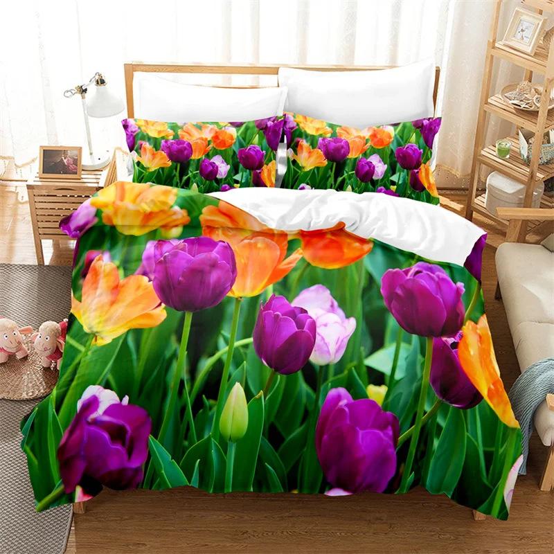 Color Tulip Pattern Bedding Set Down Duvet Quilt Cover Set 3D Digital Printing Quilt Cover Three-piece Set