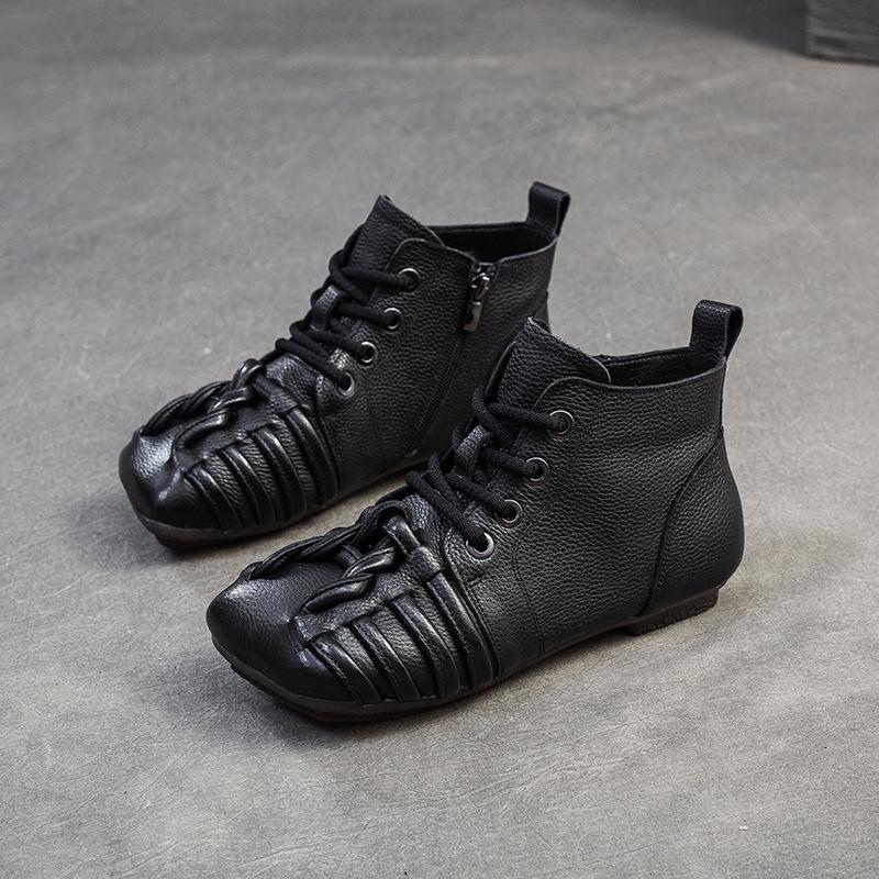 Johnature Retro Short Boots Comfortable Genuine Leather Casual Versatile Woven Women's Shoes