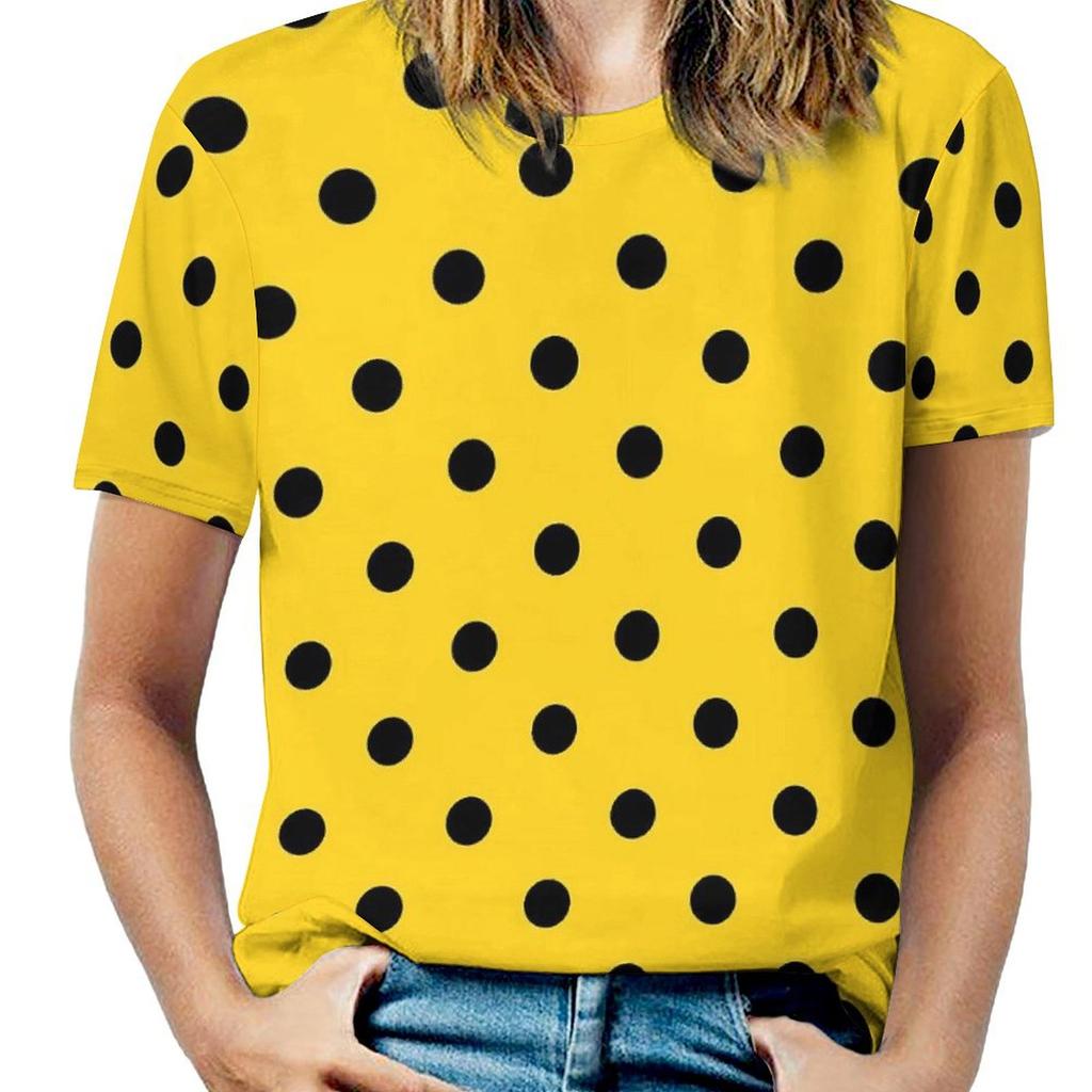 Черно-белая футболка в горошек с круглым вырезом и ретро-принтом, свободные футболки с коротким рукавом, футболки в уличном стиле для женщин, топы с пляжным дизайном