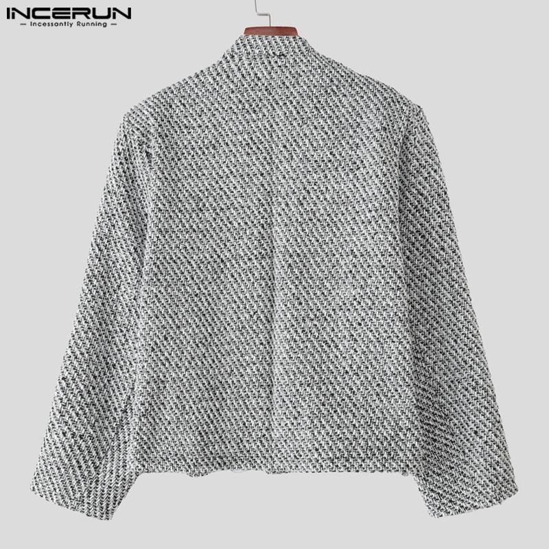 INCERUN Winter Autumn Vintage Men Stand Neck Long Sleeve Casual Buttons Texture Jackets Coats