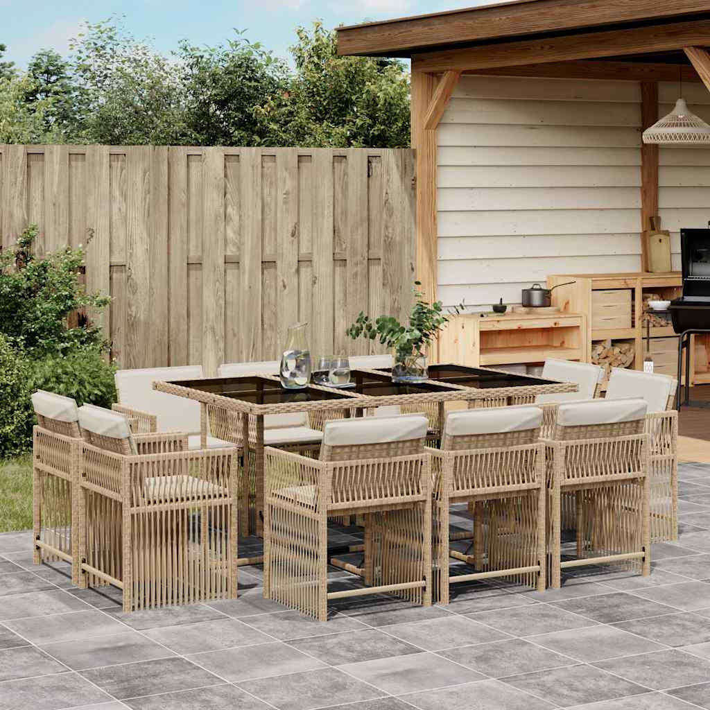 11 Piece Garden Dining Set with Beige Cushions Poly Rattan