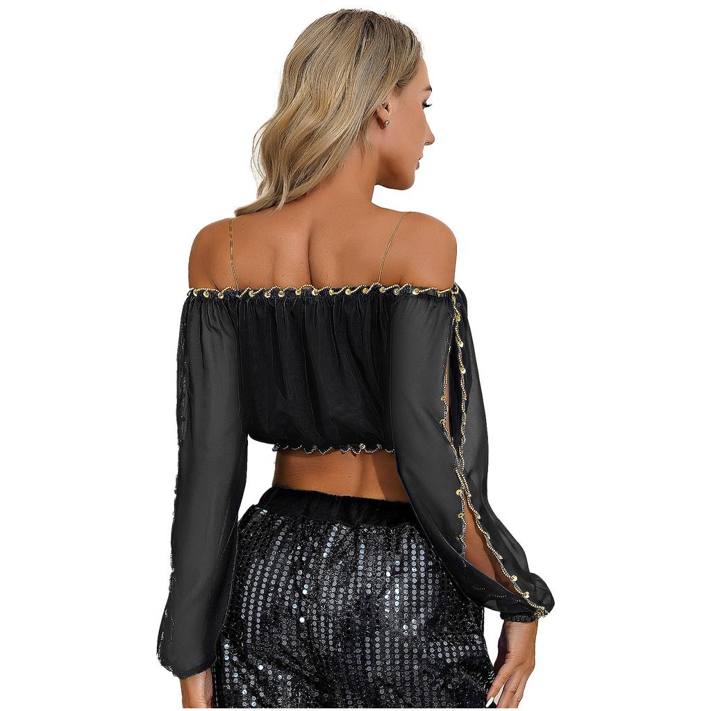 Женский костюм для танца живота с блестящими пайетками, укороченный топ с длинными рукавами-фонариками и шифоновая юбка
