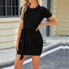 Women's Fashion Solid Colour Round Neck Pleated Tie Short Sleeve Knitted Hip Dresses