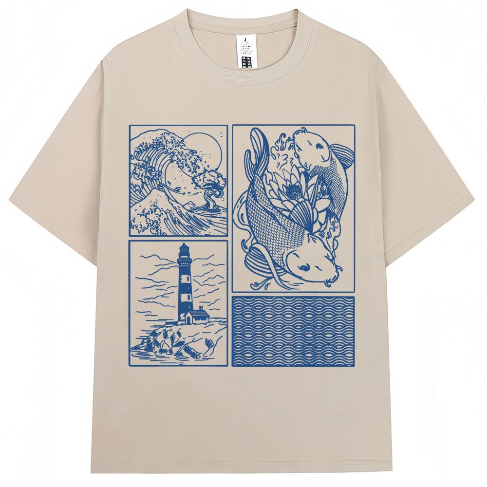 Japanese Style Hokkaido Wave Vintage Tshirt Men Women Harajuku Fashion High Quality T Shirts Oversized Cotton Summer Tee Shirt