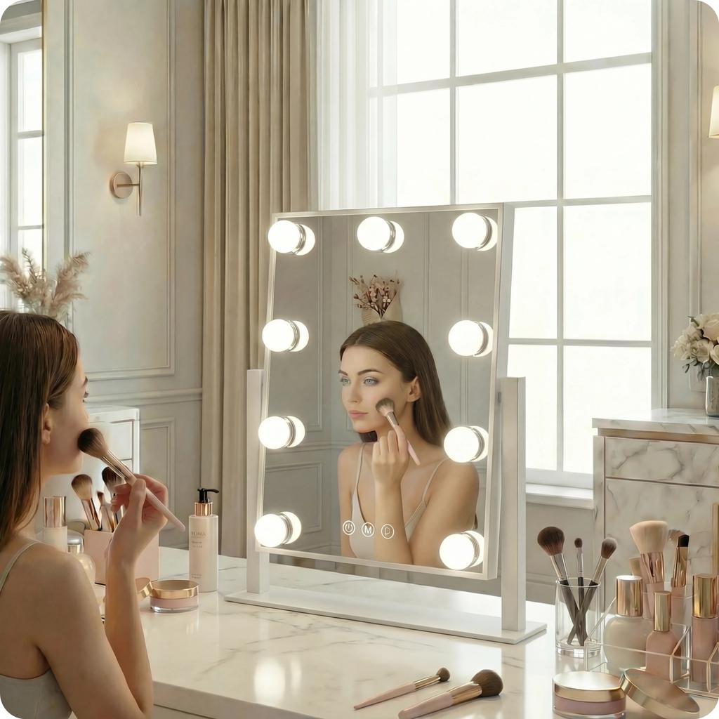 Makeup Mirror White Make-Up Hollywood 30.5x30cm 9 LED Light Color