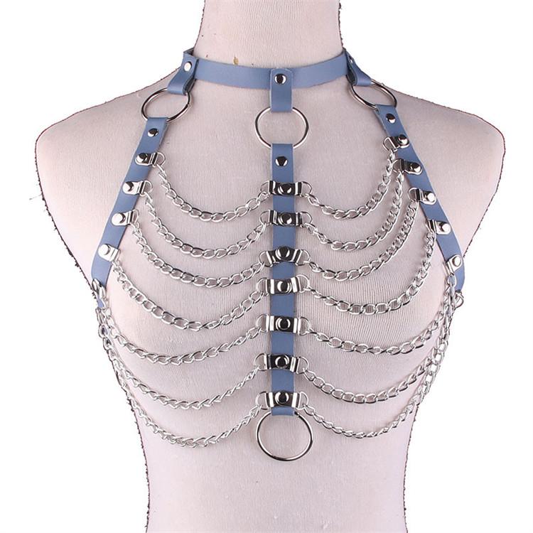 Punk Layered Body Chain Black Leather Bra Caged Harness Choker Bra Chains for Night Club Gothic Top