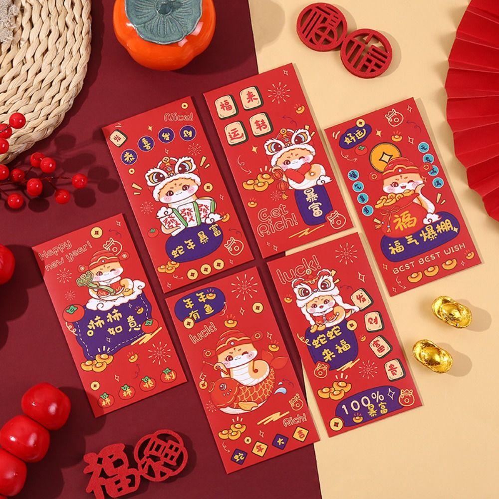 6 шт. Милые красные конверты 2025 года Змеи Hongbao Подарок на удачу Мешок для денег Утолщенный Традиционный Китайский Новый год Красный карман