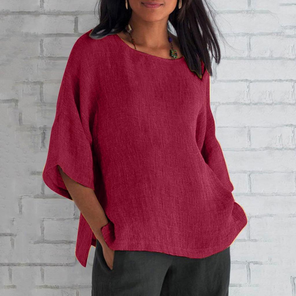 Women's Fashion Half Sleeve Round Neck Solid Colour Loose Casual Shirt Top
