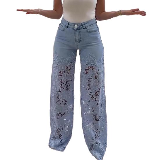 Women's Lace Patchwork Jeans Casual Baggy Straight Wide Leg Denim Pants Mid Waist Floral Hollow Out Jeans