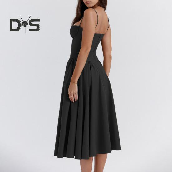 Женское платье с глубоким вырезом на тонких бретельках и открытой спиной без рукавов А-силуэта, большие качели, чистый цвет, тонкая талия, плиссированное платье миди для коктейльной вечеринки, выпускного вечера